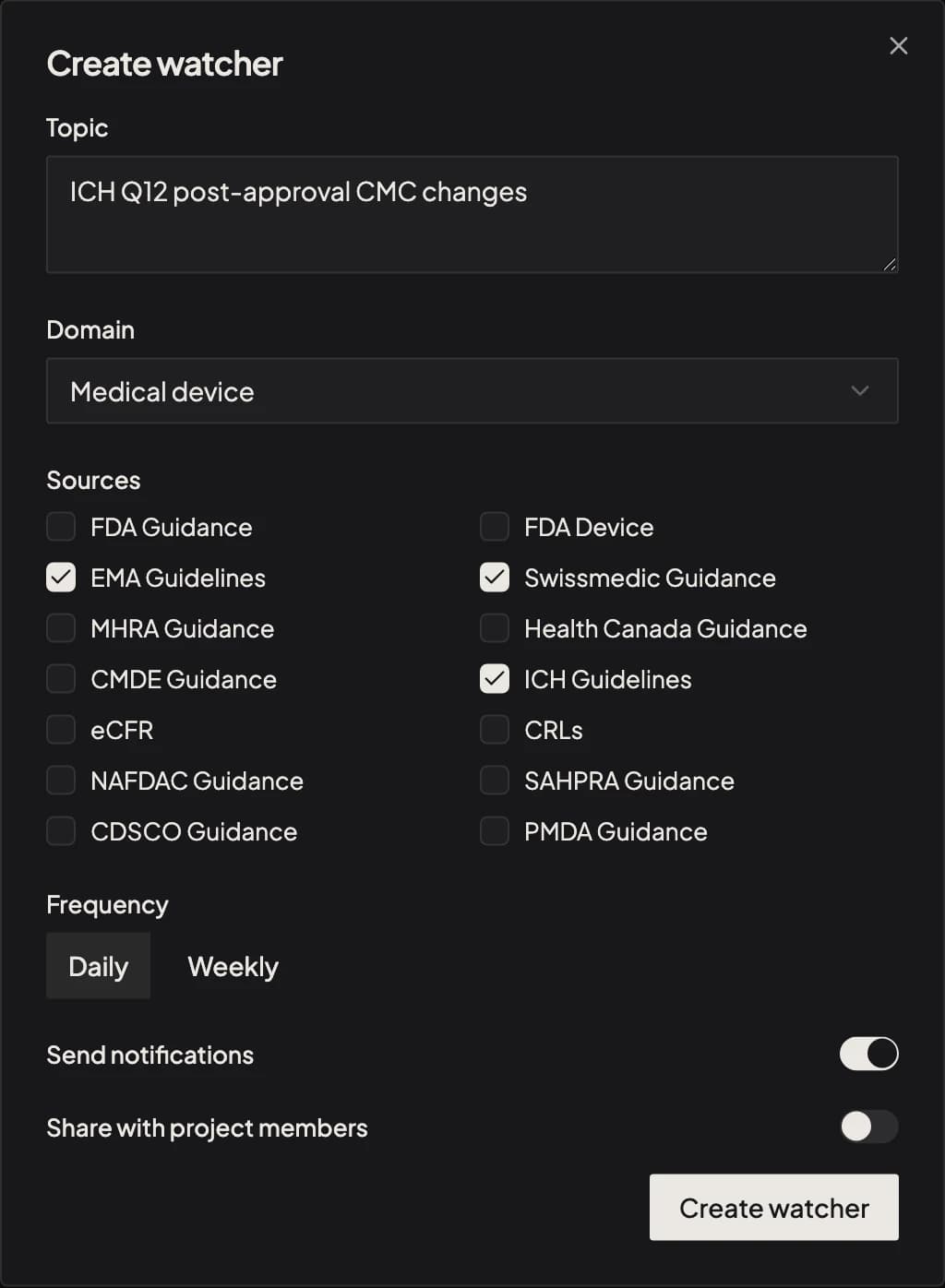 Suivez les changements réglementaires avec des alertes sourcées. — create watcher