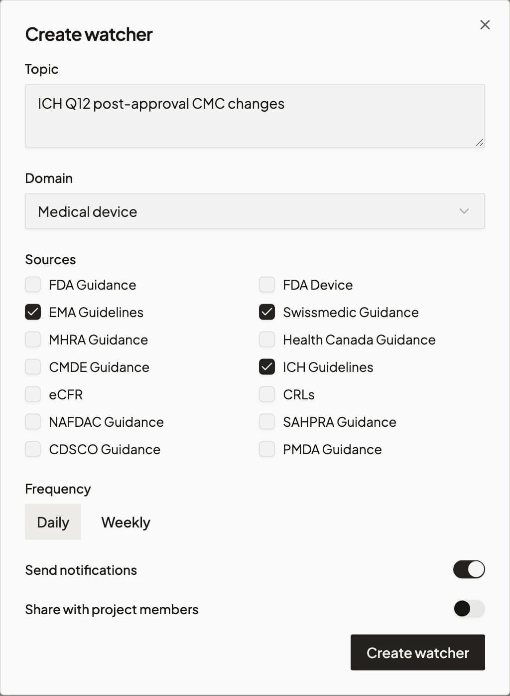 Suivez les changements réglementaires avec des alertes sourcées. — create watcher
