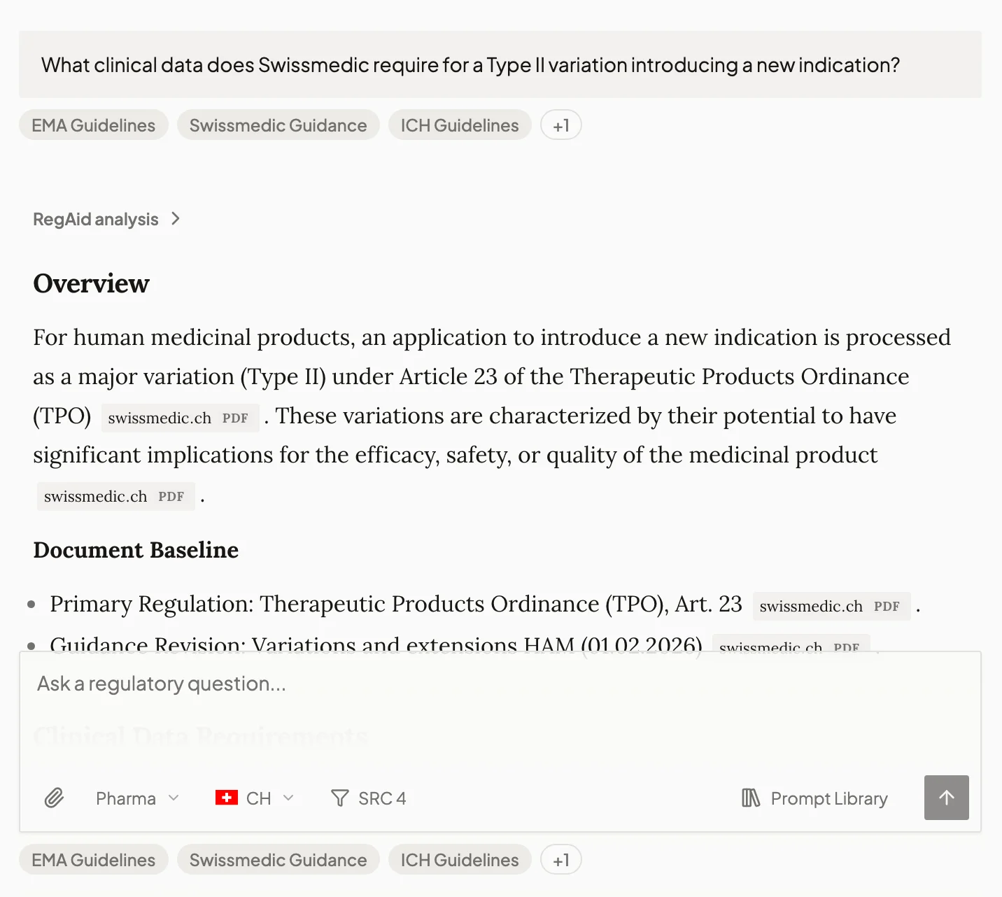 RegAid answer view showing a cited answer to a regulatory question, with each claim anchored to its source span.