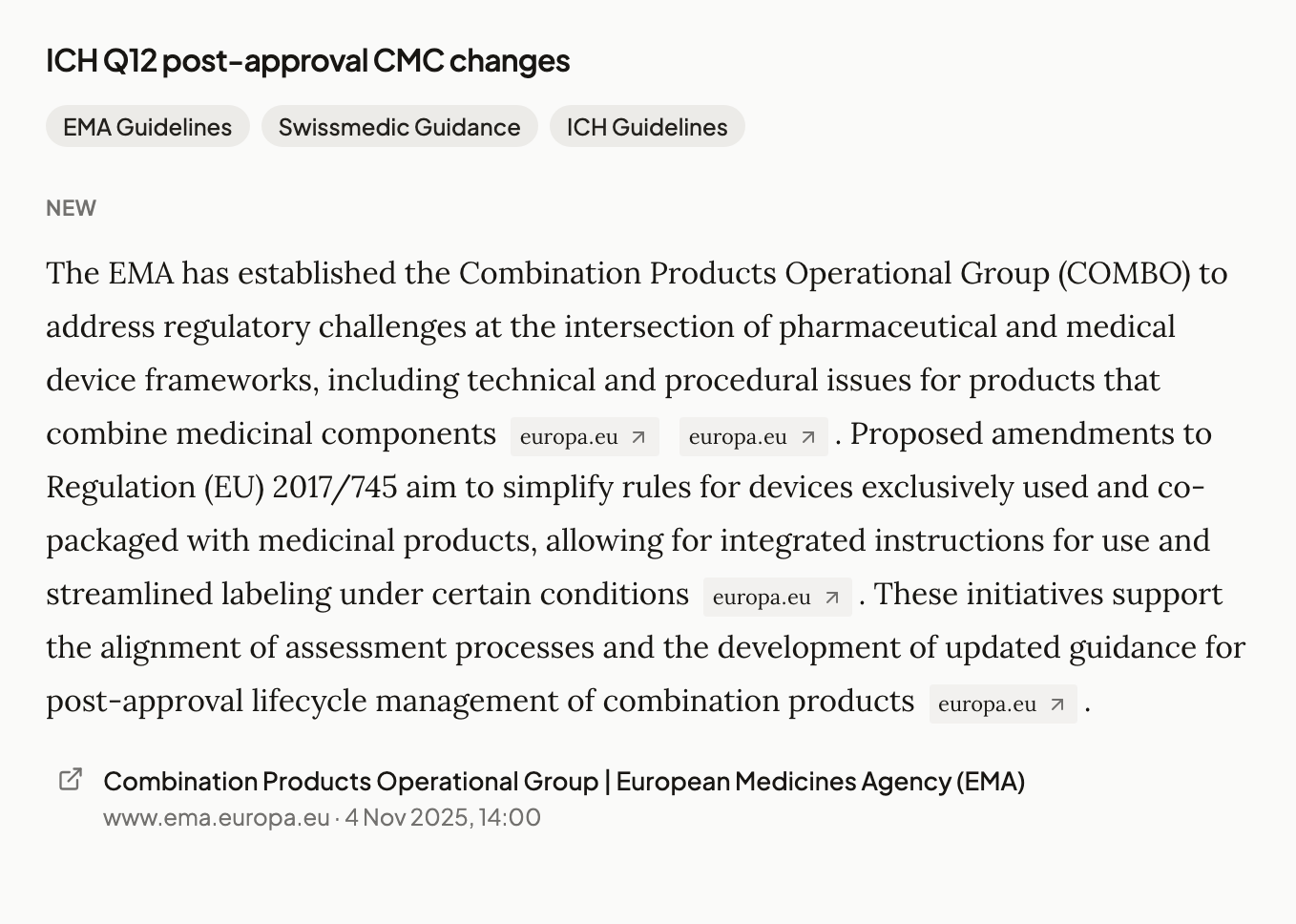 RegAid monitor alert showing a cited guidance update linked directly to the original source.
